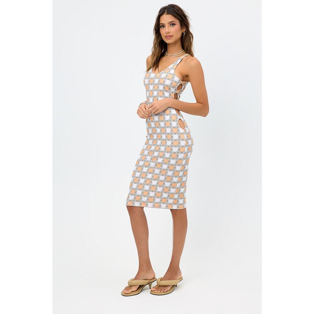NEW Frankies Bikinis Sterling Terry Midi Dress Nude Daisy Cutout Bodycon Resort